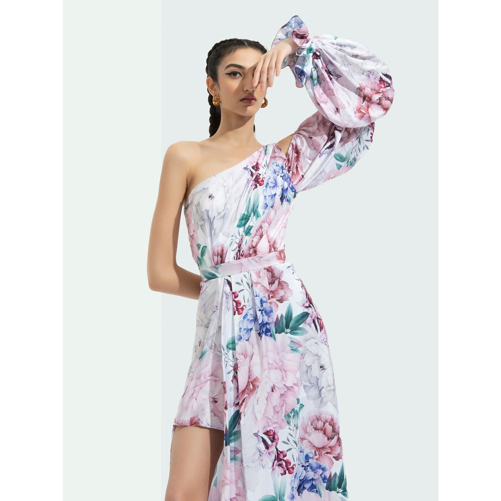 MANDIRA WIRK Iris Printed One Off Shoulder High Low Dress Multi-Color