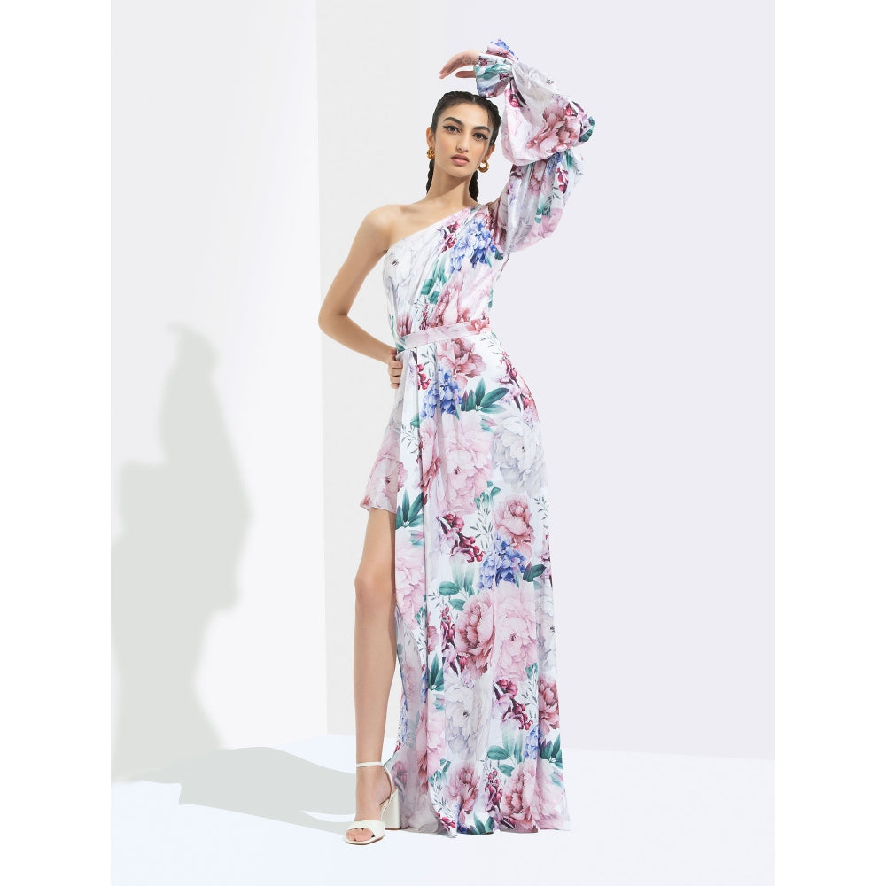 MANDIRA WIRK Iris Printed One Off Shoulder High Low Dress Multi-Color