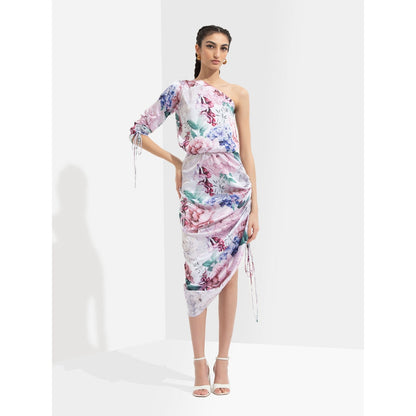 MANDIRA WIRK Iris Printed One Off Shoulder Midi Dress Multi-Color