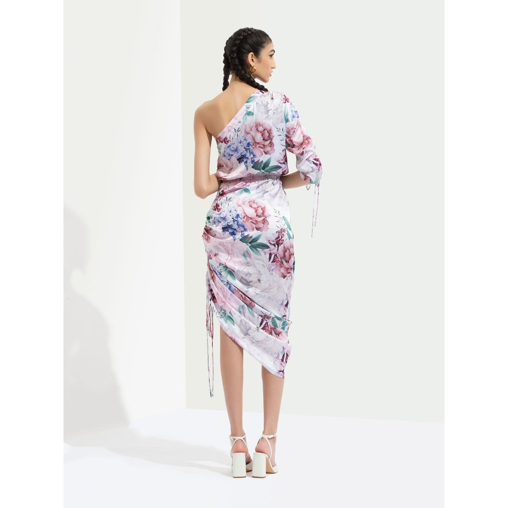 MANDIRA WIRK Iris Printed One Off Shoulder Midi Dress Multi-Color