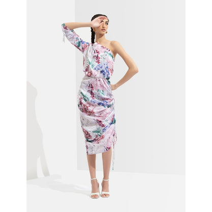 MANDIRA WIRK Iris Printed One Off Shoulder Midi Dress Multi-Color