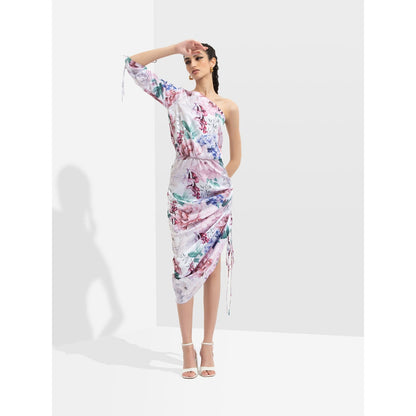 MANDIRA WIRK Iris Printed One Off Shoulder Midi Dress Multi-Color