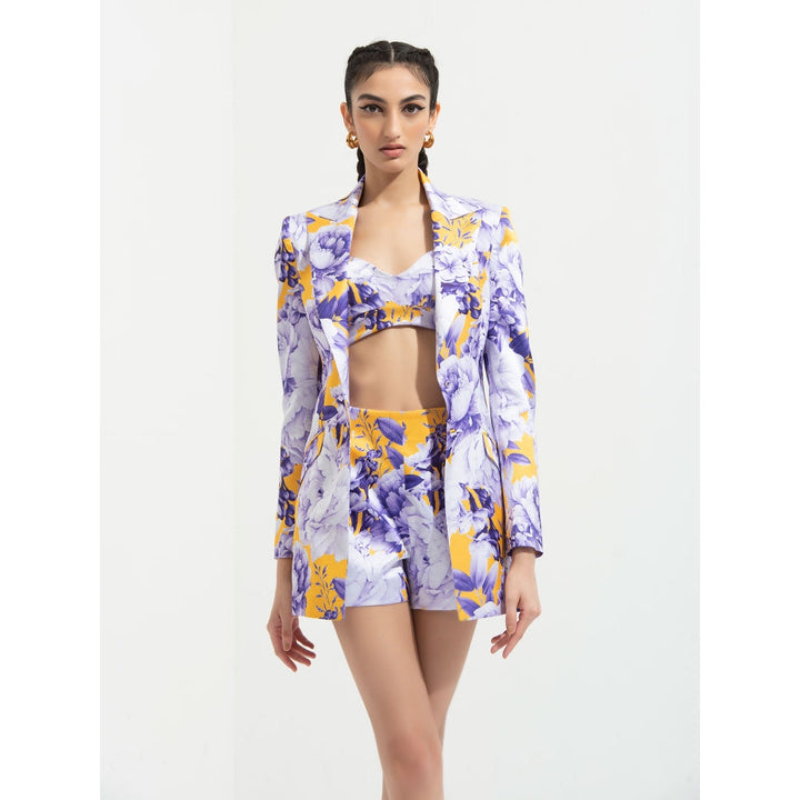 MANDIRA WIRK Sumire Printed Jacket Paired with Bustier and Shorts Purple (Set of 3)