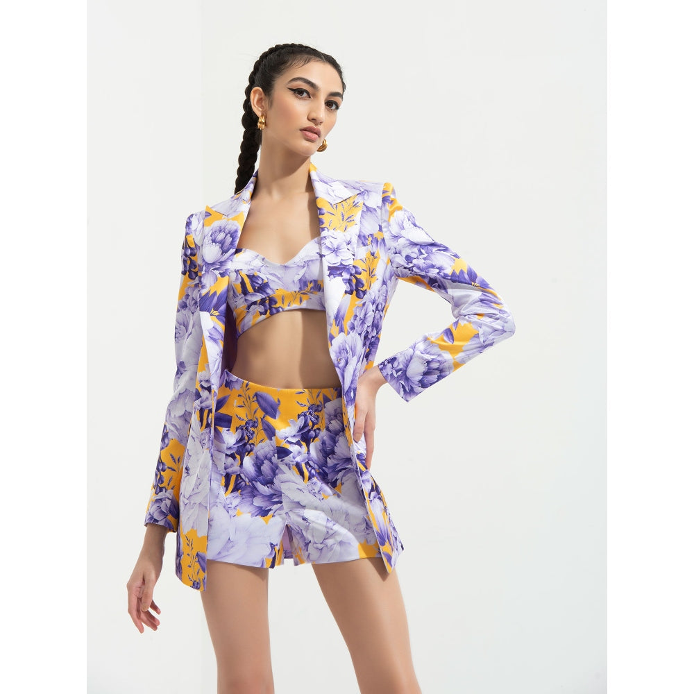 MANDIRA WIRK Sumire Printed Jacket Paired with Bustier and Shorts Purple (Set of 3)