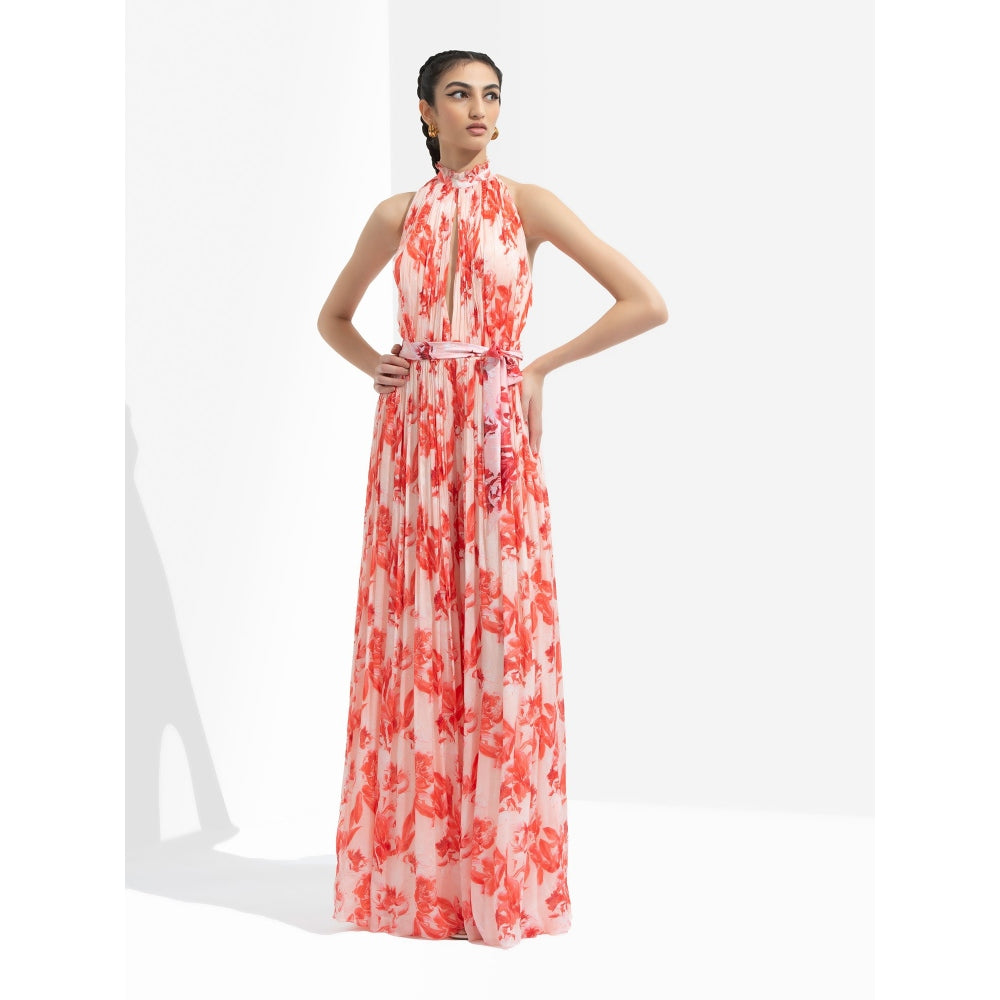 MANDIRA WIRK Mirrai Printed Low Neckline Jumpsuit Peach