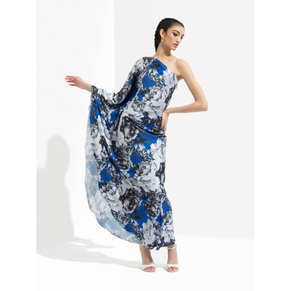 MANDIRA WIRK Luana Printed One Off Shoulder Kaftan Dress Blue