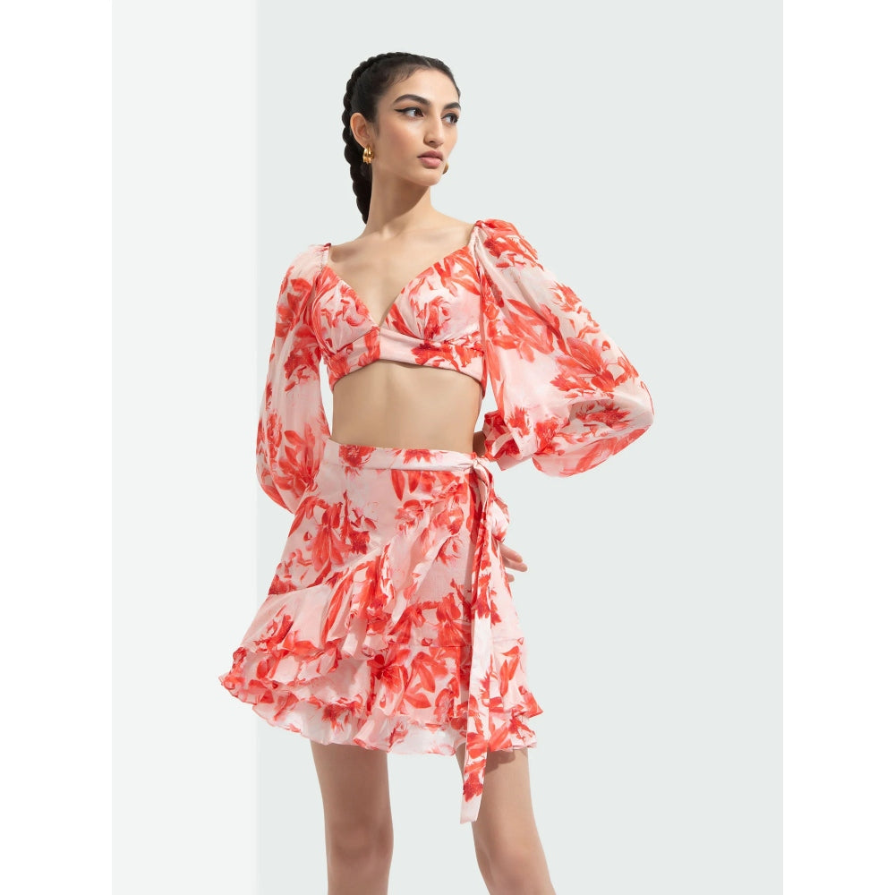 MANDIRA WIRK Matsu Printed Wrap Skirt Paired with Blouse Red (Set of 2)