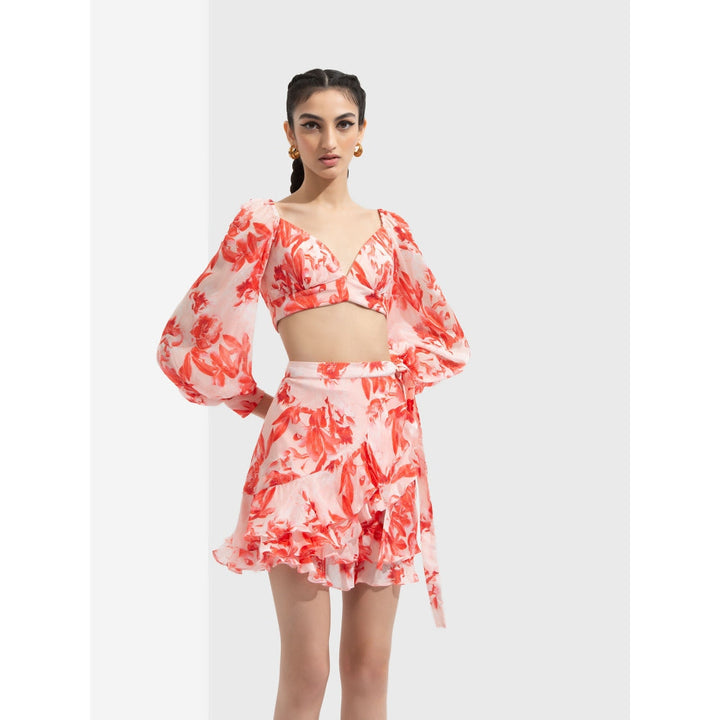 MANDIRA WIRK Matsu Printed Wrap Skirt Paired with Blouse Red (Set of 2)