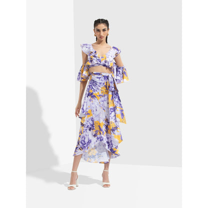 MANDIRA WIRK Sumire Printed Butterfly Bustier Paired with Wrap Skirt Blue (Set of 2)