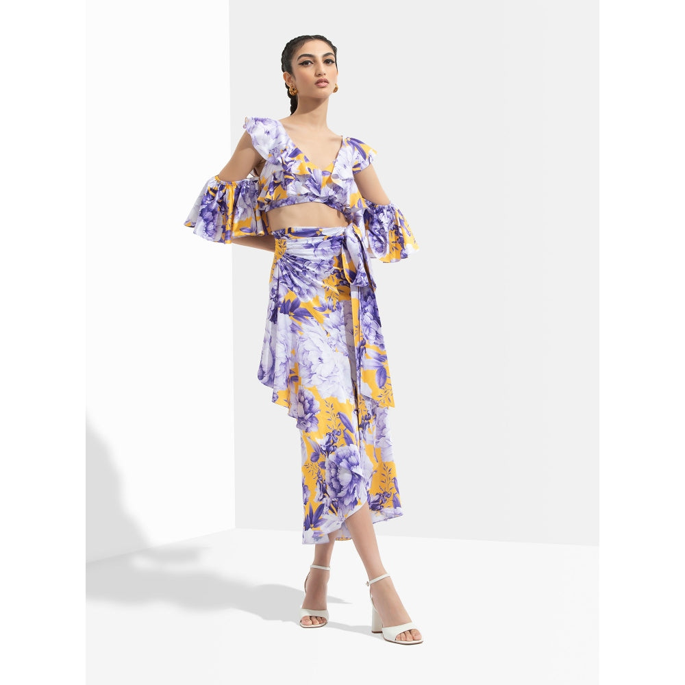 MANDIRA WIRK Sumire Printed Butterfly Bustier Paired with Wrap Skirt Blue (Set of 2)