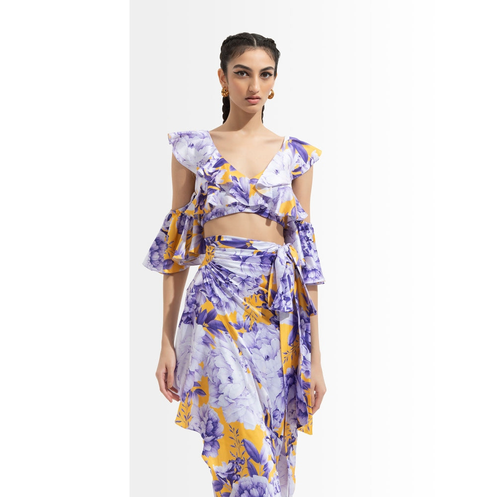 MANDIRA WIRK Sumire Printed Butterfly Bustier Paired with Wrap Skirt Blue (Set of 2)