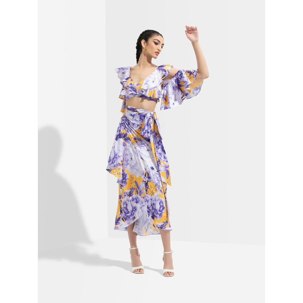 MANDIRA WIRK Sumire Printed Butterfly Bustier Paired with Wrap Skirt Blue (Set of 2)