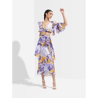 MANDIRA WIRK Sumire Printed Butterfly Bustier Paired with Wrap Skirt Blue (Set of 2)