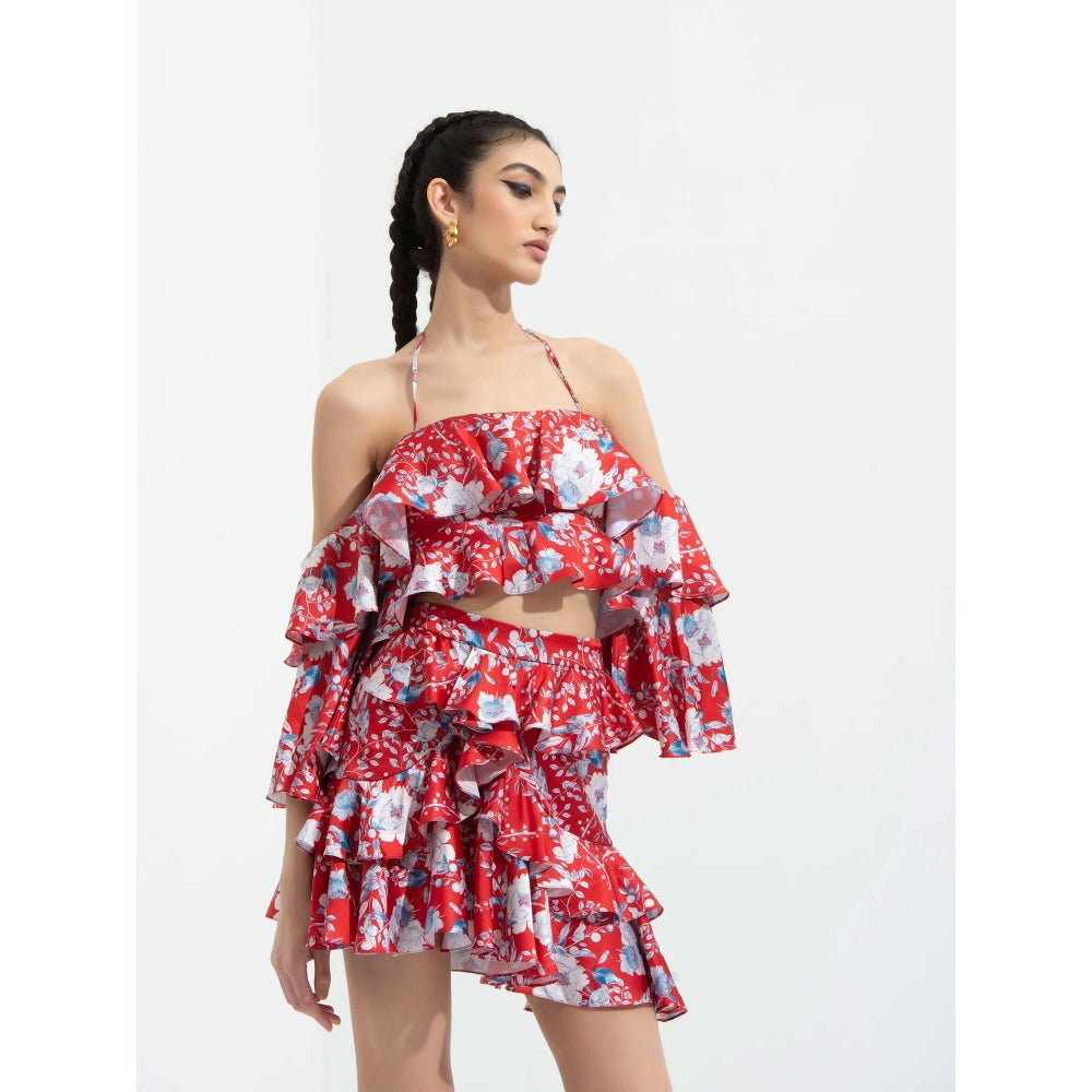 MANDIRA WIRK Ajisia Printed Cold Shoulder Blouse Paired with Short Skirt Red (Set of 2)