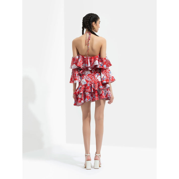 MANDIRA WIRK Ajisia Printed Cold Shoulder Blouse Paired with Short Skirt Red (Set of 2)