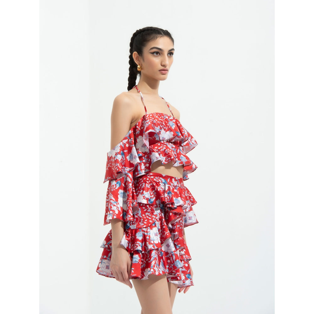 MANDIRA WIRK Ajisia Printed Cold Shoulder Blouse Paired with Short Skirt Red (Set of 2)