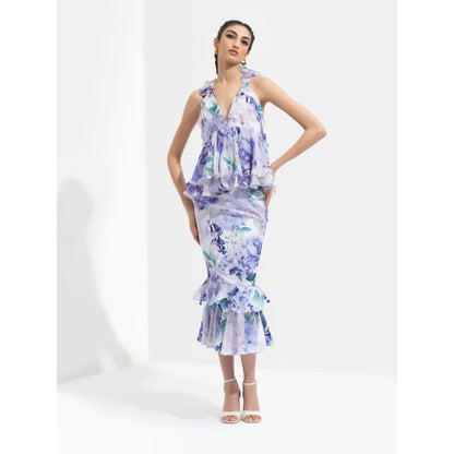 MANDIRA WIRK Ume Printed Halter Neck Top Paired with Skirt White (Set of 2)