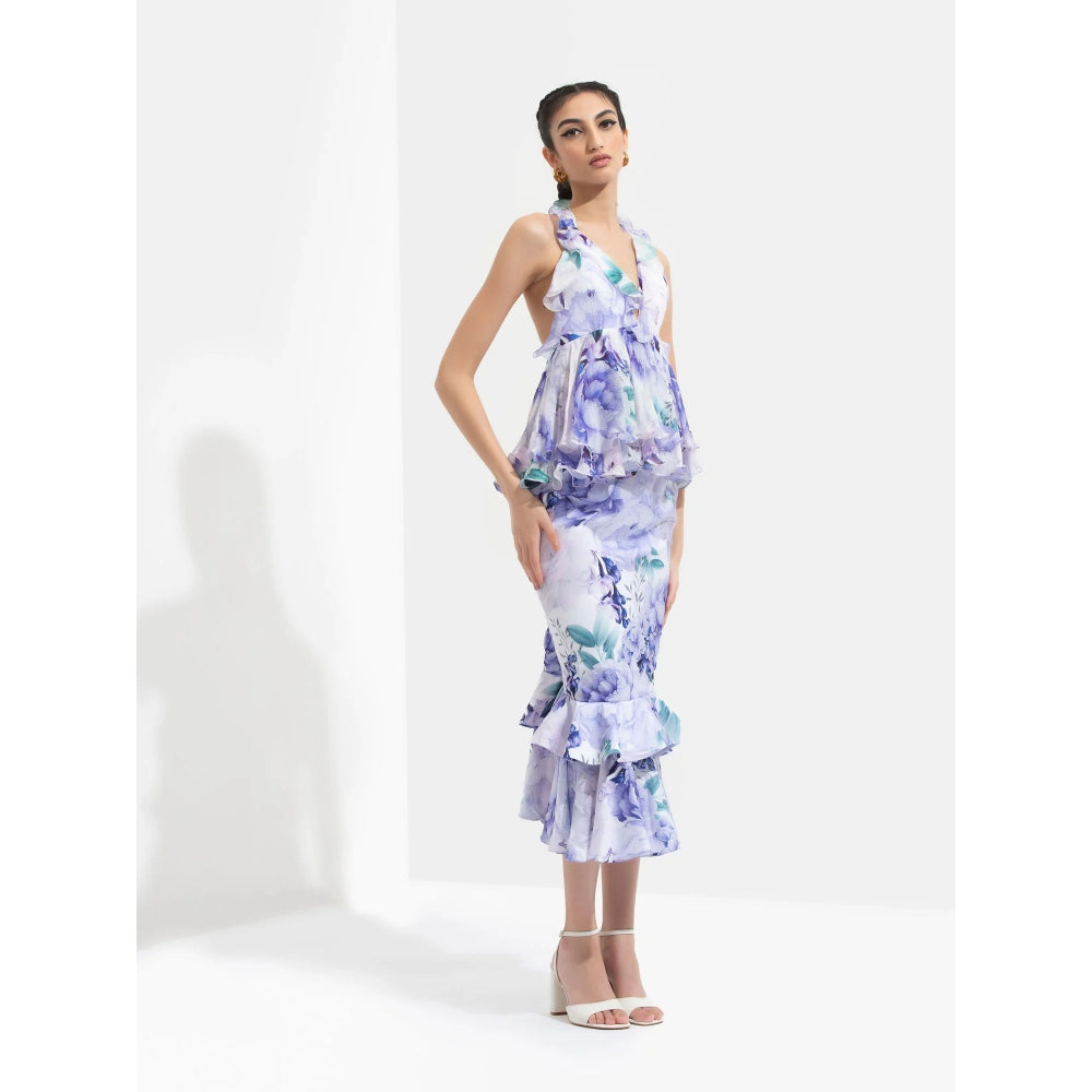 MANDIRA WIRK Ume Printed Halter Neck Top Paired with Skirt White (Set of 2)