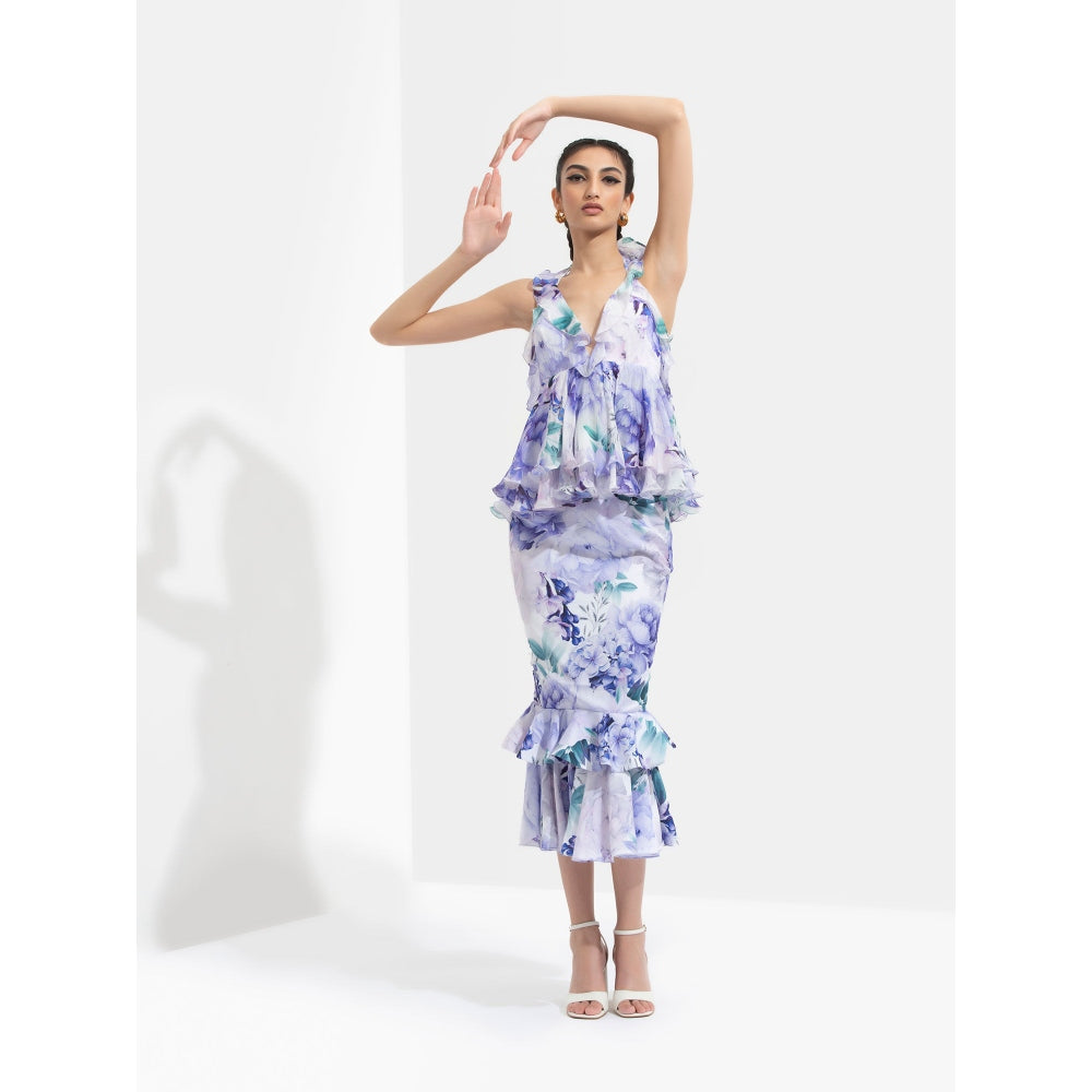 MANDIRA WIRK Ume Printed Halter Neck Top Paired with Skirt White (Set of 2)