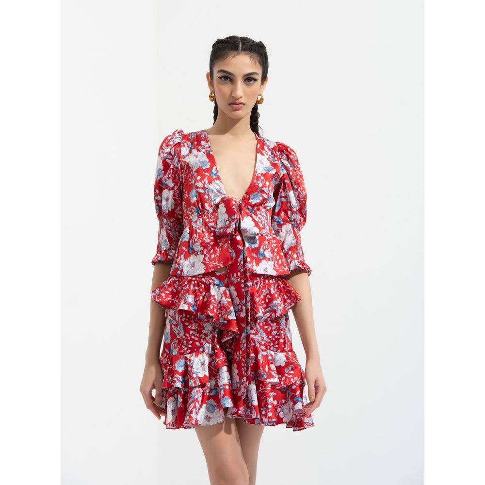 MANDIRA WIRK Ajisia Front Tie Up Top with Smocking Cuff Detail Paired with Skirt (Set of 2)