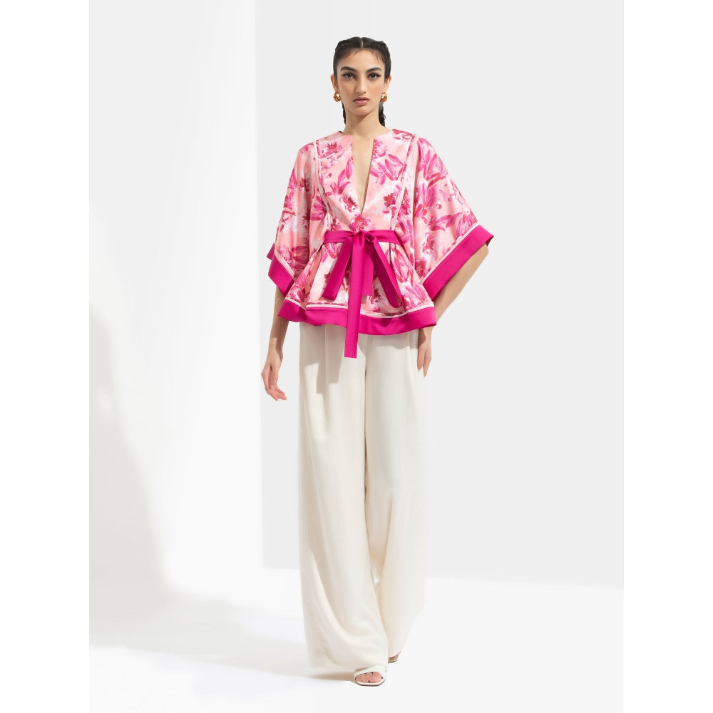 MANDIRA WIRK Sakura Peplum Top with Kimono Sleeves Paired with Ivory Pants Pink (Set of 2)