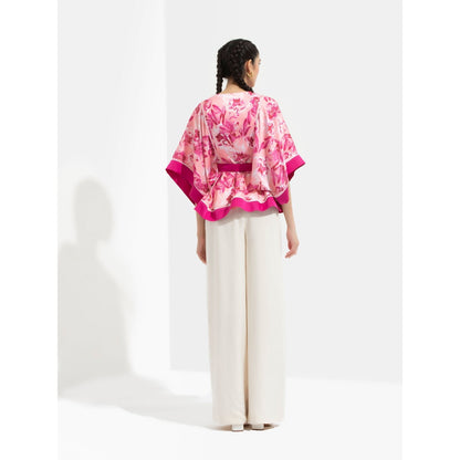 MANDIRA WIRK Sakura Peplum Top with Kimono Sleeves Paired with Ivory Pants Pink (Set of 2)