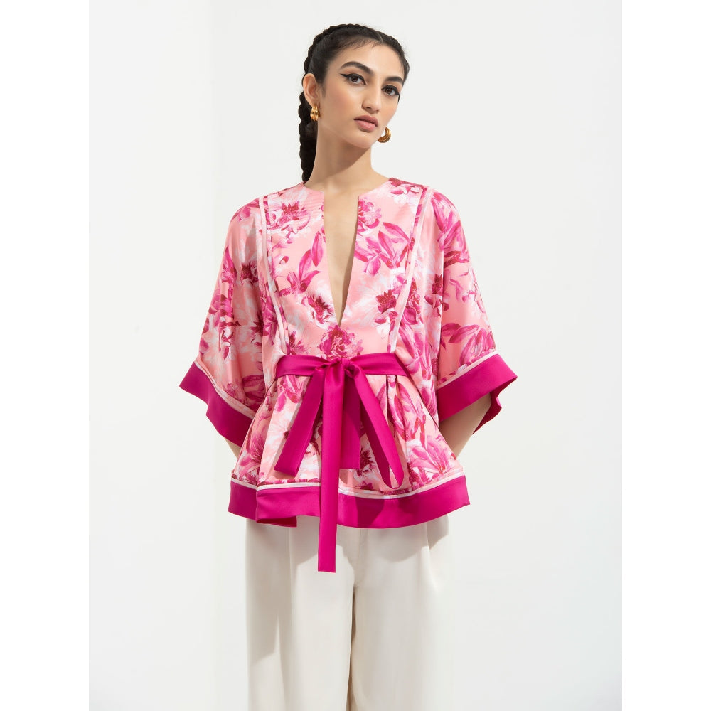 MANDIRA WIRK Sakura Peplum Top with Kimono Sleeves Paired with Ivory Pants Pink (Set of 2)
