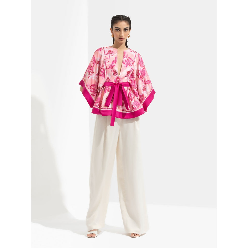 MANDIRA WIRK Sakura Peplum Top with Kimono Sleeves Paired with Ivory Pants Pink (Set of 2)