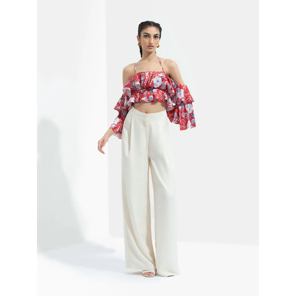 MANDIRA WIRK Ajisia Printed Cold Shoulder Crop Top Paired with Ivory Trouser Red (Set of 2)