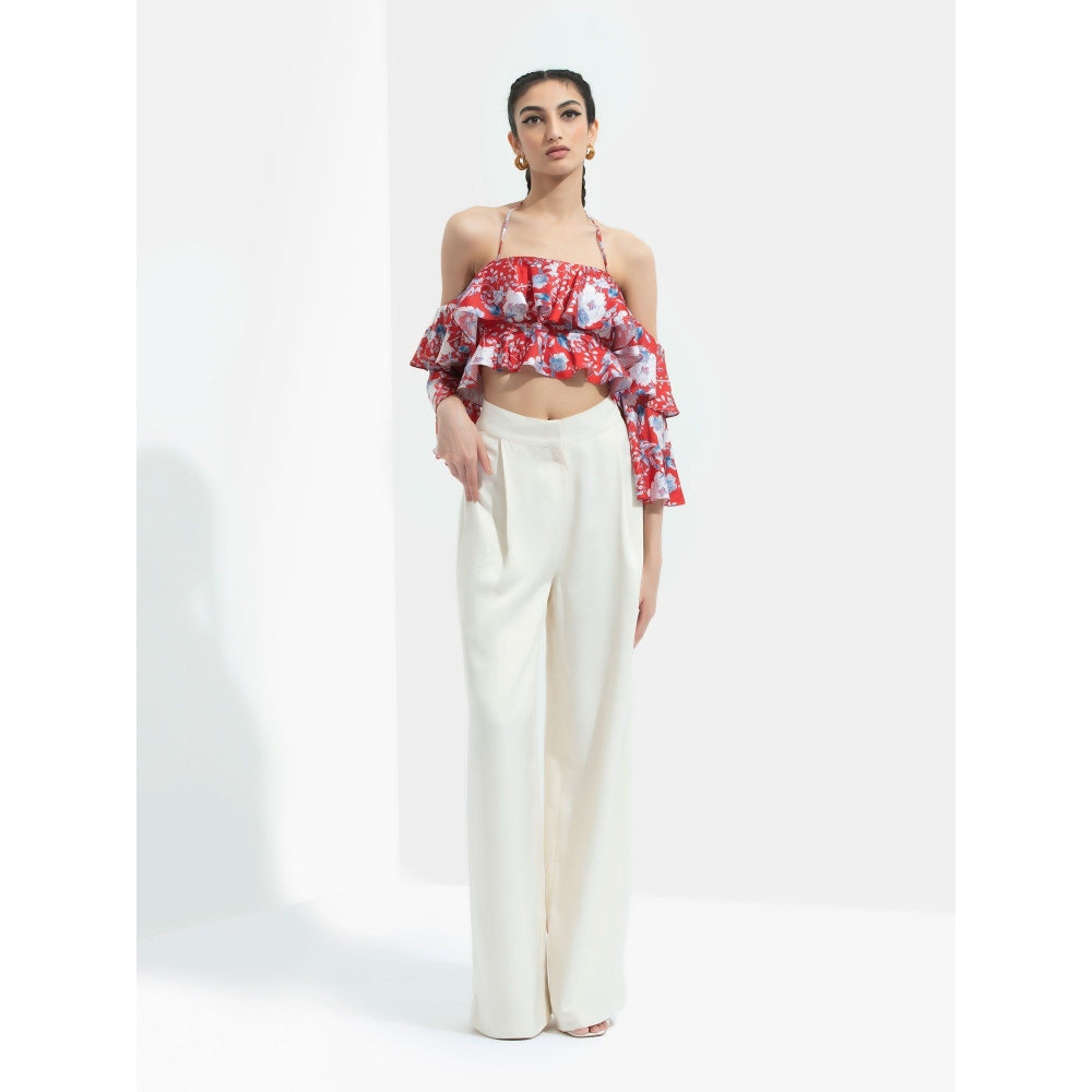 MANDIRA WIRK Ajisia Printed Cold Shoulder Crop Top Paired with Ivory Trouser Red (Set of 2)