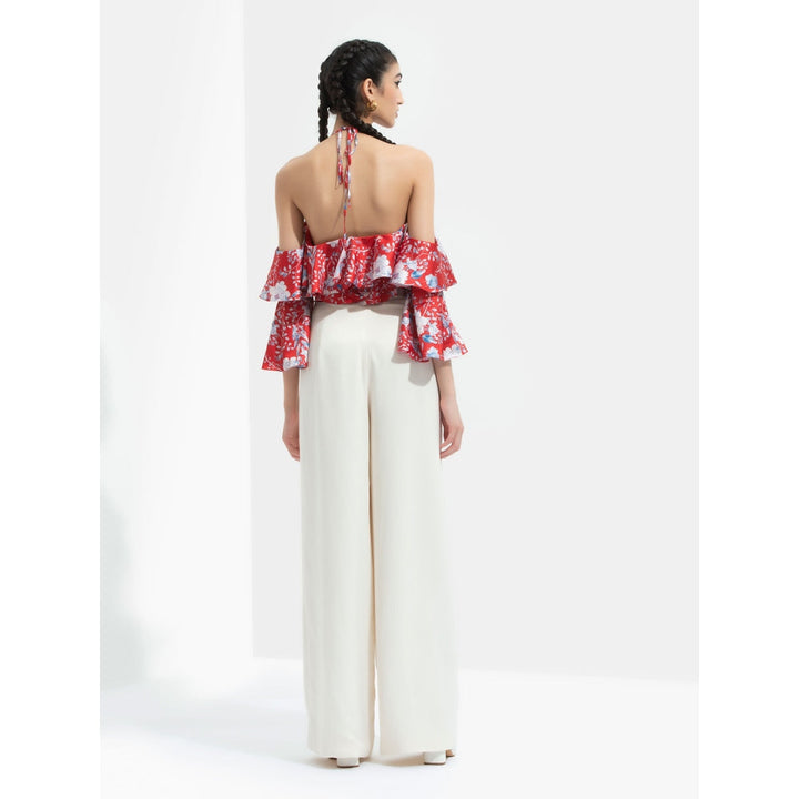 MANDIRA WIRK Ajisia Printed Cold Shoulder Crop Top Paired with Ivory Trouser Red (Set of 2)