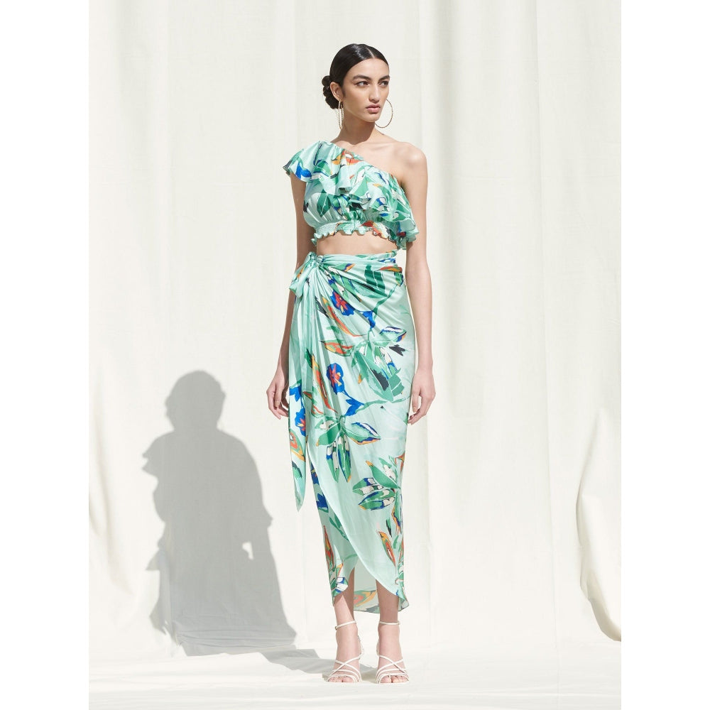 MANDIRA WIRK Crop Top Paired withPrinted Wrap Around Skirt Blue (Set of 2)