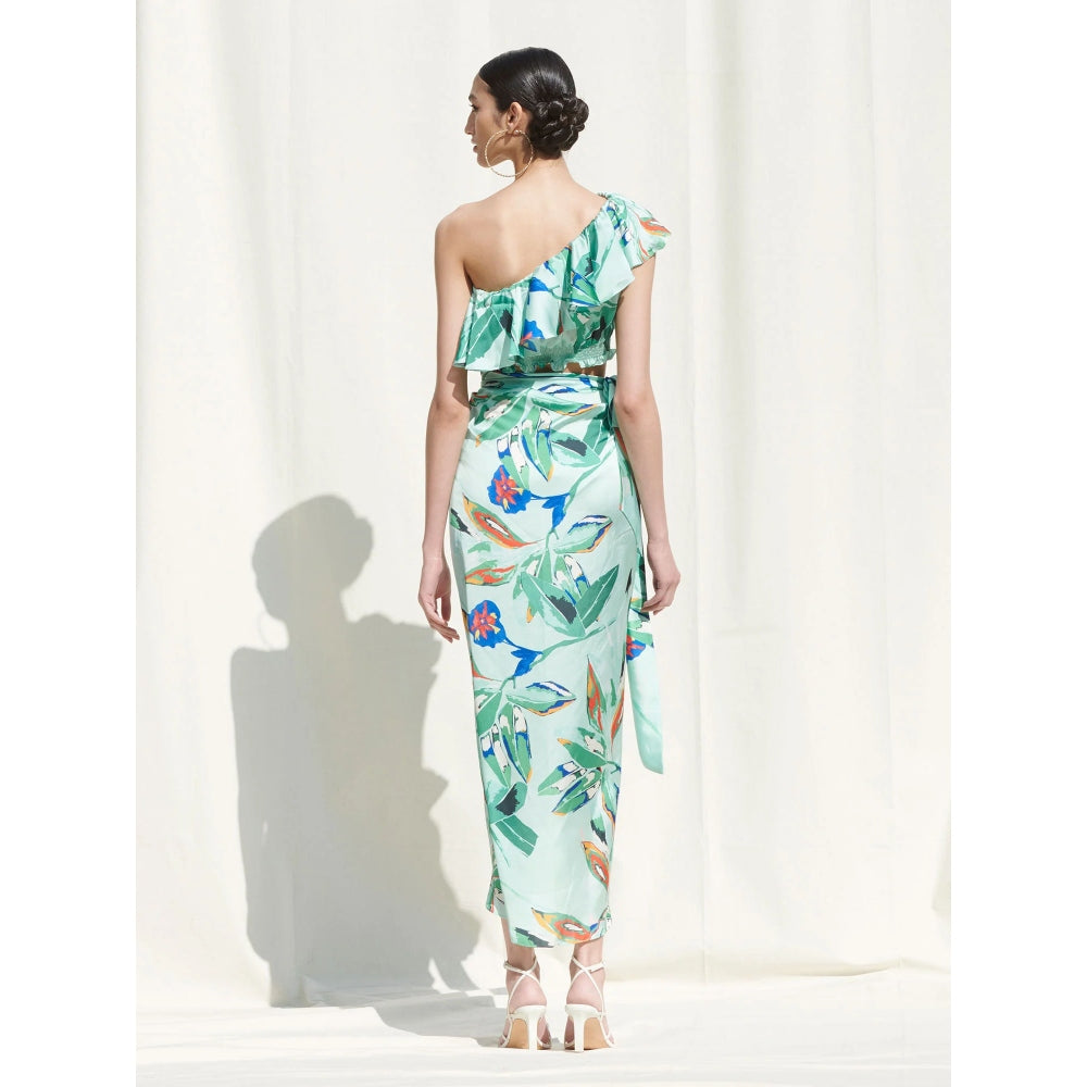 MANDIRA WIRK Crop Top Paired withPrinted Wrap Around Skirt Blue (Set of 2)