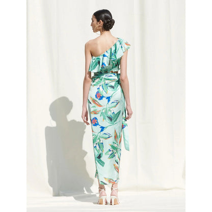 MANDIRA WIRK Crop Top Paired withPrinted Wrap Around Skirt Blue (Set of 2)