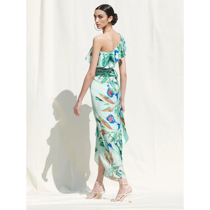 MANDIRA WIRK Crop Top Paired withPrinted Wrap Around Skirt Blue (Set of 2)