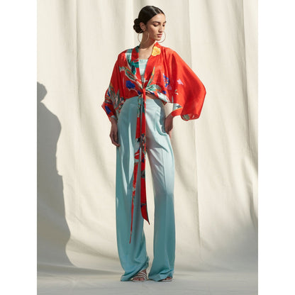 MANDIRA WIRK Kaftan Top Paired withPrinted Camisole andSatin Pants Red (Set of 3)