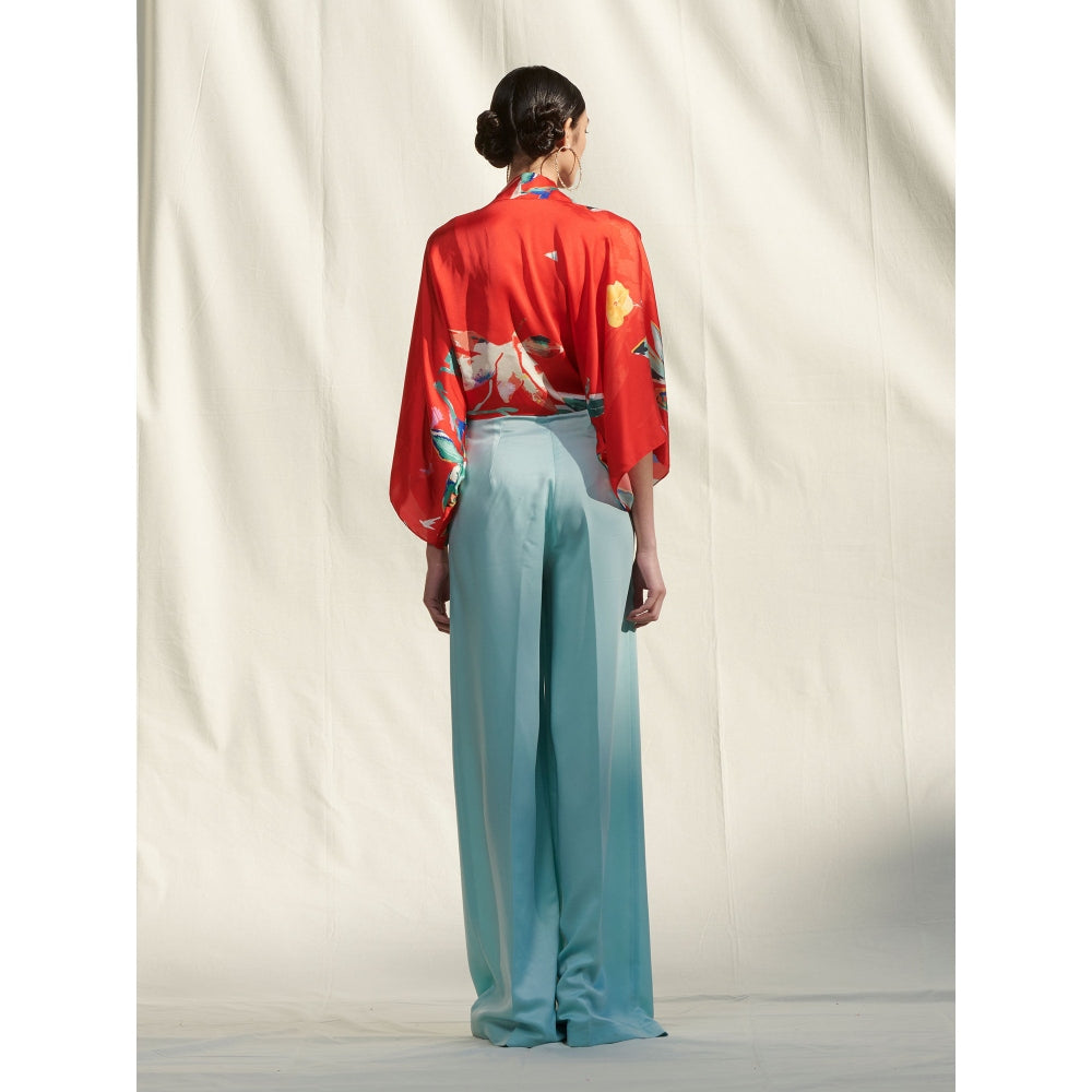 MANDIRA WIRK Kaftan Top Paired withPrinted Camisole andSatin Pants Red (Set of 3)
