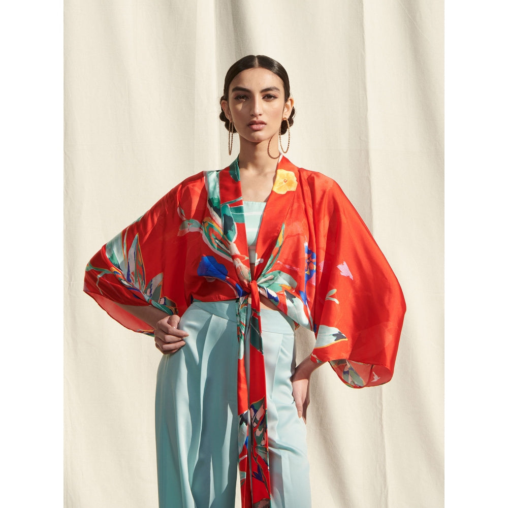 MANDIRA WIRK Kaftan Top Paired withPrinted Camisole andSatin Pants Red (Set of 3)