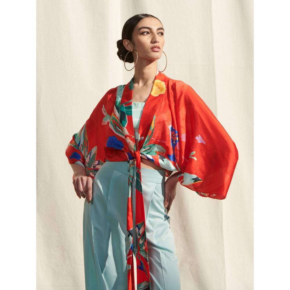 MANDIRA WIRK Kaftan Top Paired withPrinted Camisole andSatin Pants Red (Set of 3)