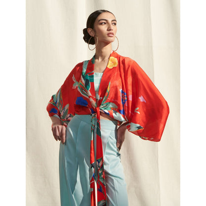 MANDIRA WIRK Kaftan Top Paired withPrinted Camisole andSatin Pants Red (Set of 3)