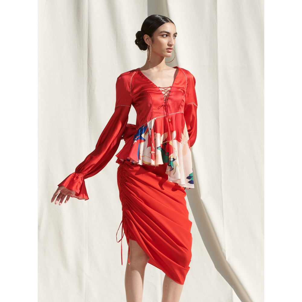 MANDIRA WIRK Peplum Top with Drape Skirt Red (Set of 2)