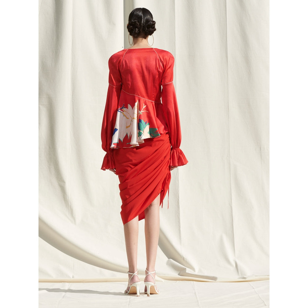 MANDIRA WIRK Peplum Top with Drape Skirt Red (Set of 2)