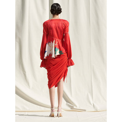 MANDIRA WIRK Peplum Top with Drape Skirt Red (Set of 2)