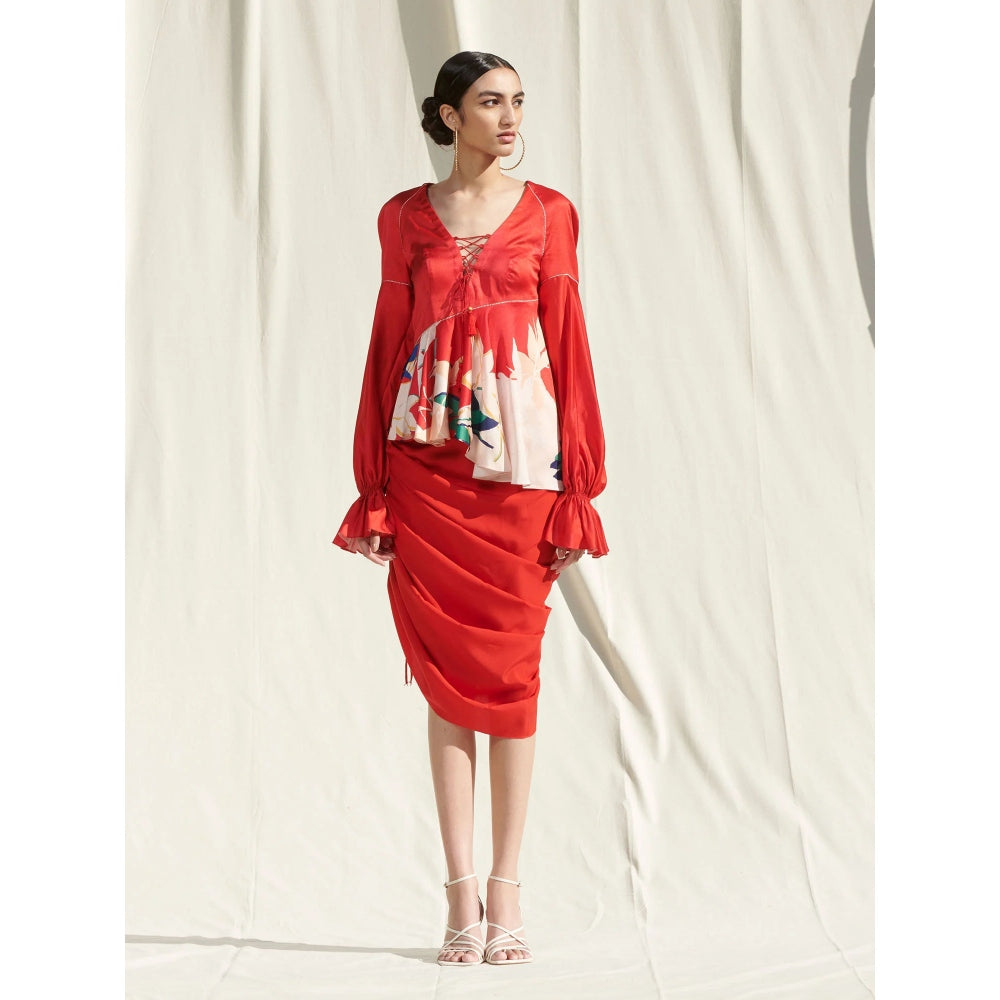 MANDIRA WIRK Peplum Top with Drape Skirt Red (Set of 2)
