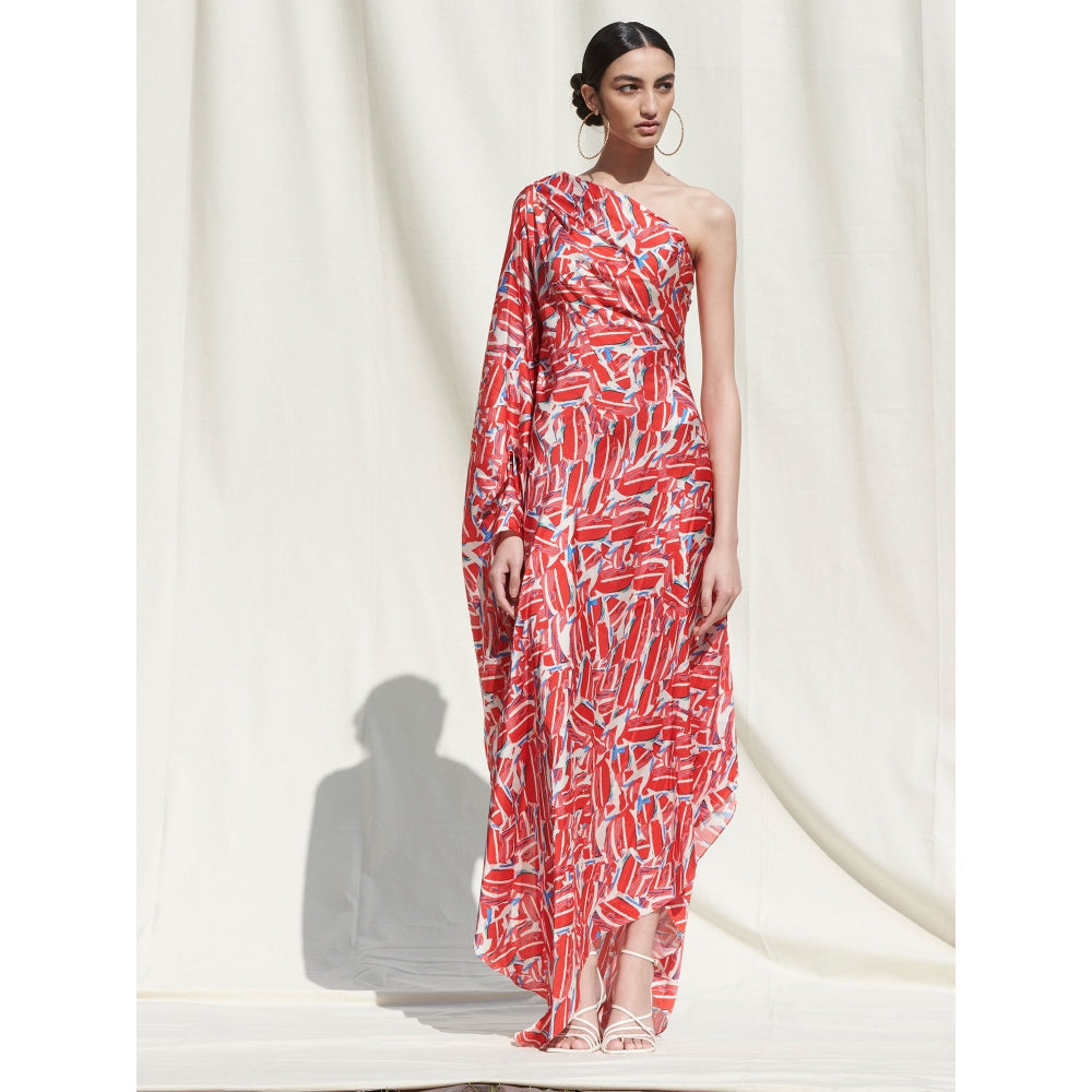 MANDIRA WIRK One Shoulder Drape Kaftan Style Maxi Dress Pink