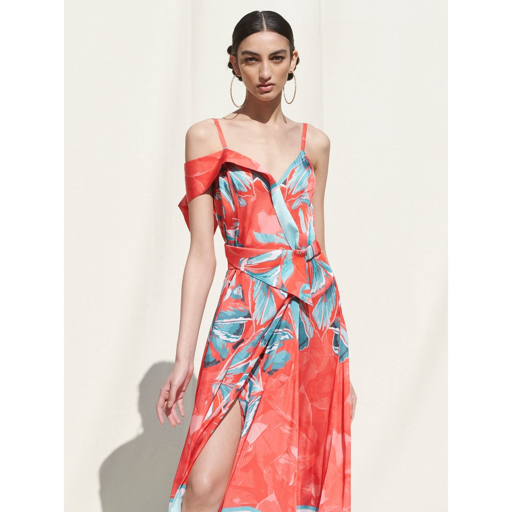 MANDIRA WIRK Wrap Panelled Dress andBelt Details Red, Blue (Set of 2)