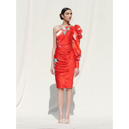 MANDIRA WIRK One Shoulder Dress with Legomutton Sleeves On One Side Red