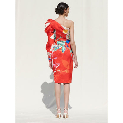 MANDIRA WIRK One Shoulder Dress with Legomutton Sleeves On One Side Red