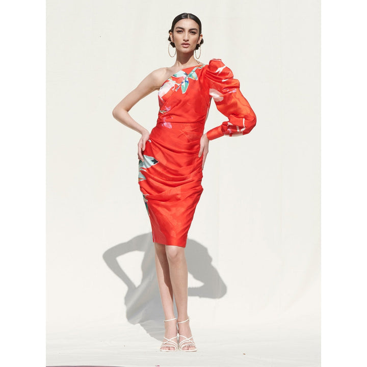MANDIRA WIRK One Shoulder Dress with Legomutton Sleeves On One Side Red