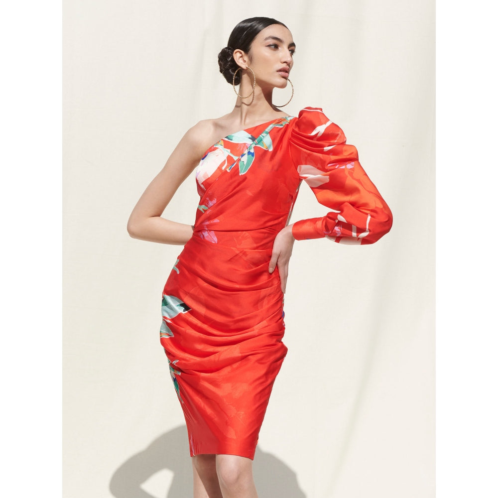MANDIRA WIRK One Shoulder Dress with Legomutton Sleeves On One Side Red